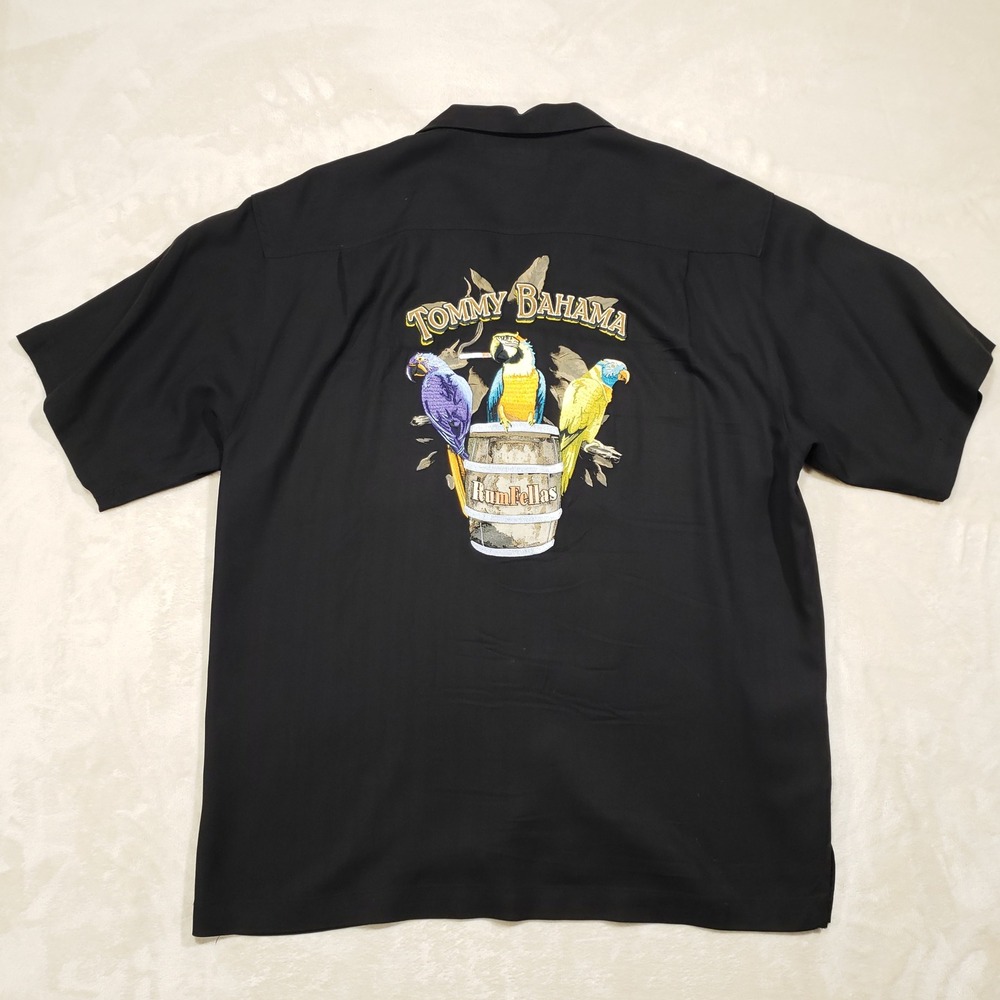 Tommy Bahama Button Up Mens Large Black Silk Rum Fellas Parrot Embroidered Camp